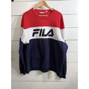 Y2K FILA Mens Vintage Spell Out Colorblock Crewneck Sweatshirt Pullover Men 2XL